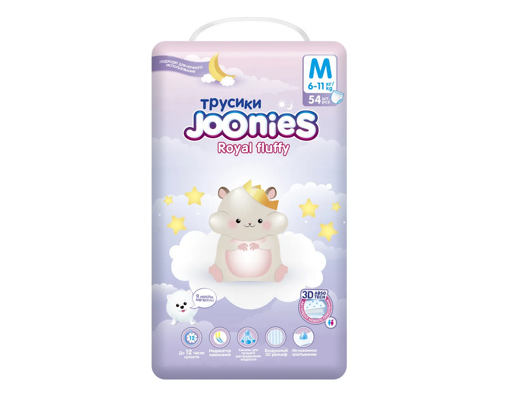 картинка JOONIES Fluffy M (6-11 кг), 54 шт. (Джунис Флаффи) Ночные трусики от магазина 2 Жирафа
